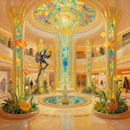 a minimalist oil painting by donato giancola, warm coloured, scifi mass effect bioluminescent luxurious art nouveau art deco garden circular shopping mall interior with microscopy minimalist stained glass flowers growing out of pretty bulbous ceramic fountains, gigantic pillars and flowers, maschinen krieger, beeple, star trek, star wars, ilm, syd mead