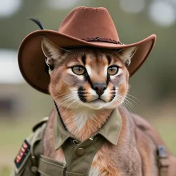 portrait photo of cute fluffy caracal, with cowboy hat, highly detailed, high resolution, cosplay photo, stunning, bokeh soft, 1 0 0 mm, trending on instagram, by professional photographer, soldier clothing, shot with a canon, low saturation