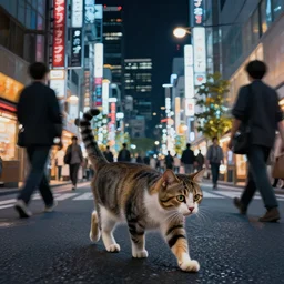 a cat walking at the busy streets of tokyo at night, mixed media, concept art, digital painting, trending on artstation, highly detailed, epic composition, 8 k uhd