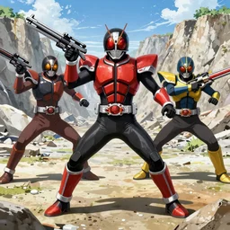 vibrant color robotic high fantasy gunslinger themed Kamen Rider stand off with villains in a quarry during daytime, 4k, concept art, illustration, anime still frame, tokusatsu,