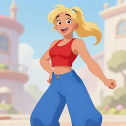 photorealistic Disney, an athletic young woman with blonde ponytails, a happy and enthusiastic expression, wearing a red tank top and voluminous blue pants, character portrait, medium shot, trending on pixiv