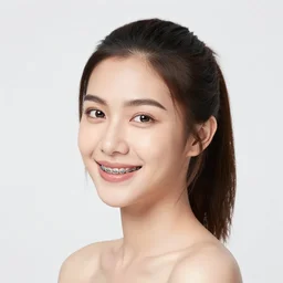 a thai girl with braces, smiling, short hair with a ponytail, very beautiful, portrait photography, studio lighting, sigma 8 5 mm