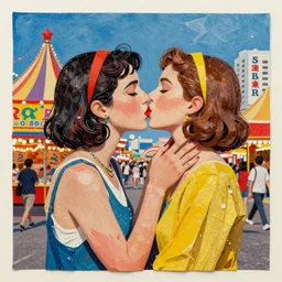 two women kissing at a carnival in tokyo, mixed media collage, retro, paper collage, magazine collage, acrylic paint splatters, bauhaus, claymation, layered paper art, sapphic visual poetry expressing the utmost of desires by jackson pollock