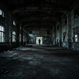 abandoned factory, dimly lit, unknown figure lurking in background, unsettling, 4 k, photo realistic, creepy
