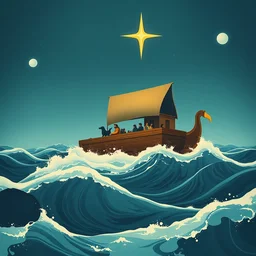 noad's ark floating on stormy seas, limited neutral palette, by pascal campion, petros afshar, anton fadeev, dean ellis, randolph stanley hewton, beautiful graphic, propaganda poster art 1 9 7 0 s illustrated advertising art, painterly design