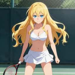 a very beautiful young anime tennis girl, very angry, full body, long wavy blond hair, sky blue eyes, full round face, short smile, bikini, miniskirt, highly detailed, cinematic wallpaper by stanley artgerm lau