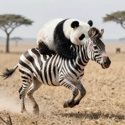 a zebra having a head of panda, running in savana, national geographic winning contest photo