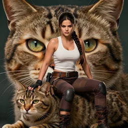 A badass photo of tough looking Selena Gomez as a muscled Lara Croft sitting on her large giant cat beast, award winning photography, perfect faces, extremely detailed, HD 8K sharpened, 50 mm, trending on Twitter