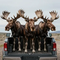 three anthropomorphic moose in the back of a pickup truck, by h. r. giger, ntricate artwork, trending on artstation, deviantart, captura, very coherent symmetrical artwork. cinematic, hyper realism, high detail, 8 k