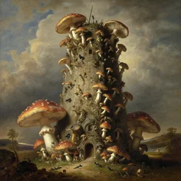 babel's tower covered by giant mushrooms and ants, by thomas cole