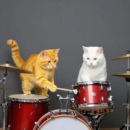 two brightly colored cats playing the drums