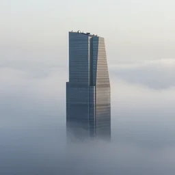 lone skyscraper rising from a opaque carpet of fog in an otherwise sunny day. Lateral view showing the building from top to bottom. Digital matte painting