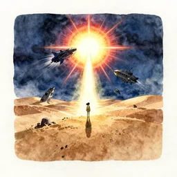 anime movie screenshot, ( ( ( paper texture ) ) ), ( ( detailed watercolor ) ) one lonely character by tatsuyuki tanaka, vanishing point, by ghibli!!! nausicaa!!, desert!!!, crashed starship, rim light, long shadows, bright, miyazaki, vibrant, motion, airship, gloomy, dark, ( ( ( ruan jia ) ) )