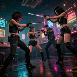 highly detailed photo of gangsters and girls fighting in cyberpunk night adult club, 3 5 mm, guns and blades, low angle, blade runner, akira, cinematic angle, cinematic lighting, reflections, action, battle