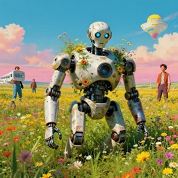 vibrant vivid stylish hyperdetailed national geographic photo of an abandoned apocalyptic robot partially covered in overgrown wildflowers by jakub rozalski, retro vintage sci fi landscape by moebius and simon stalenhag and geoff darrow and dan mumford, solarpunk