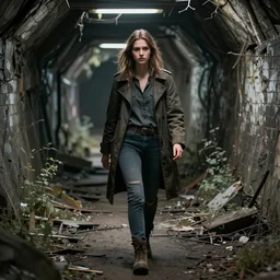 Digital art, a teenage heroine, rugged, grizzled, strong, walks through an abandoned and overgrown post-apocalyptic London tube tunnel, trending on ArtStation