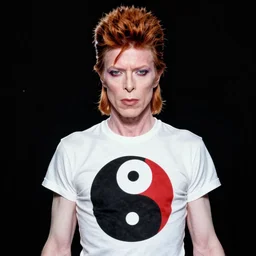 david bowie wearing a clearly visible dao yinyang shirt, scene in space