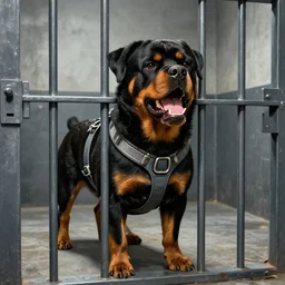 anthropomorphic snarling rottweiler wearing a straightjacket in a prison cell, foaming, bars, greg rutkowski