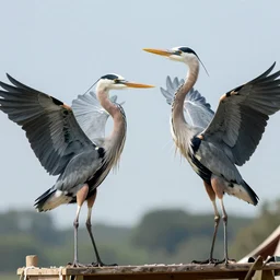 two great blue herons jousting at a medieval tournament