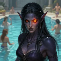 beautiful ancient dark elf, fire in eye, snow glow, pool party, highly detailed, digital painting, artstation, sharp focus, illustration, art by tan zi and ayanamikodon and alphonse mucha and wlop
