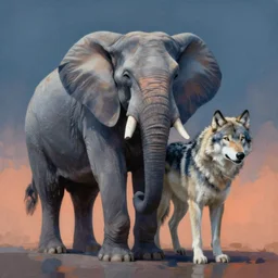 painting of hybrid between elephant & wolf!!!!!, intercrossed animal, by zdzislaw beksinski, by tiffany bozic, cold hue's, warm tone gradient background, concept art, beautiful composition, digital painting