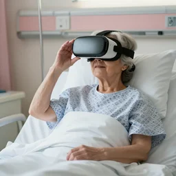an old lady in a hospital bed using a virtual reality headset