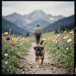 kodak portra 4 0 0, wetplate, muted colours, blueberry, action photography, 1 9 2 0 s, long shot, macro photo of a puppy on a trampled path near by beautiful flower meadow in the bavarian alps, mountain panorama, motion blur, tiny gaussian blur, depth of field