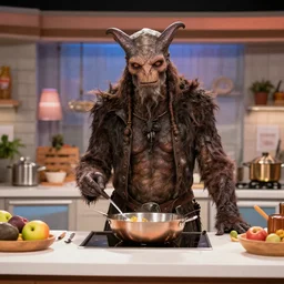 A photo of a Great Old One hosting a cooking show on the food network
