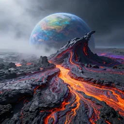 A realistic detailed photo of an alien planet made of molten lava, colorful, nature, foggy, vibrant, strangely mutated, 8k, super detailed, hyperrealistic, cinematic,