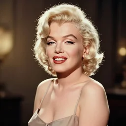 Beautiful Head and shoulders portrait of smiling flirty seductive Marilyn monroe with platinum blonde hair, wearing a camisole by arney freytag, artstation, 35mm, fashion photoshoot, photo studio, golden hour, bokeh, rim lighting, fashion pose, octane, 4k