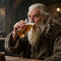 old sage wizard drink beer from wooden cup in fantasy tavern, realistic fingers, realistic body, realistic clothing, beautiful texture, beautiful graphics, fantasy artwork, very beautiful scenery, hd, hdr, ue 5, ue 6, unreal engine 5, cinematic 4 k wallpaper, 8 k, ultra detailed