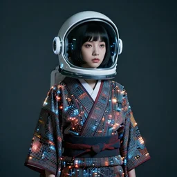 Portrait of a fractal cosmonaut girl wearing kimono made of circuits and leds, surreal photography by Man Ray
