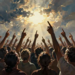 painting of a crowd with raised arms pointing towards a glowing sky, volumetric lighting, nasty, hyperdetailed, realistic