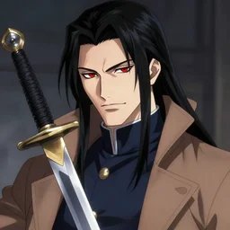 portrait by shigenori soejima, handsome male vampire, focus on face, sword holster, long black hair, dark blue shirt, light brown coat, red eyes,