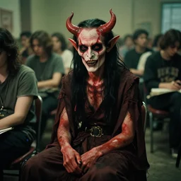 2 0 0 0 s photograph of a demon sitting in a room of people