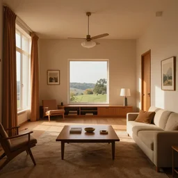 apartment interior, stylized set design by wes anderson and stanley kubrick, minimalist, warm palette, midcentury