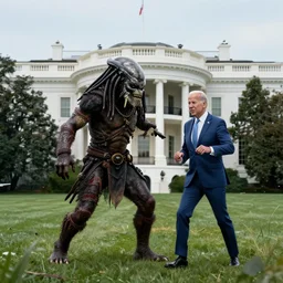 a monster from predator destroys joe biden on the white house lawn