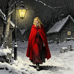 blond girl in red cloak walks through snowy village by lamplight, detailed intricate ink illustration, dark atmosphere, detailed illustration, hd, 4k, digital art, overdetailed art, concept art, by greg rutkowski, by loish, complementing colors, Trending on artstation, deviantart
