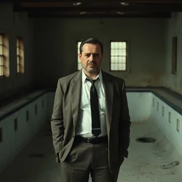 film still of viktor orban dressed like pablo escobar, clean shaved face, waiting inside an old emptied pool, a scene from tv series narcos narcos narcos, hd, 4 k