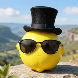 lemon with top hat and sunglasses, valley background