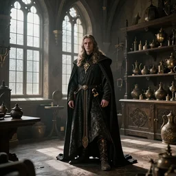 full body portrait of Dennis hopper as a devious medieval lord standing on the right inside a big medieval Shop with tall windowpane, shelves full of medieval goods, morning light, trending on artstation, style of midjourney, unreal engine, octane render, intricate details, 8k high definition, beauriful, ornate, hyperrealistic