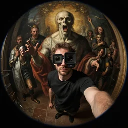 selfie gopro footage, fisheye, man escaping hell, portrait painting, perfect composition, beautiful detailed intricate octane render, artstation, 8 k, photorealistic, volumetric cinematic light, chiaroscuro, masterpiece, raphael, bosch, caravaggio, beksinski, giger