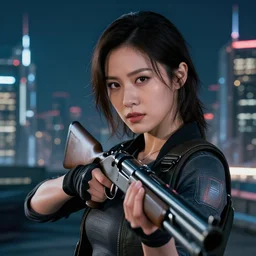 photographic portrait of a techwear woman holding a shotgun, closeup, on the rooftop of a futuristic city at night, sigma 85mm f/1.4, 4k, depth of field, high resolution, 4k, 8k, hd, full color, Die Hard, movies with guns, movie firearms, face closeups