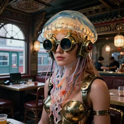 closeup view of a caucasian female jellyfish shapely human hybrid wearing roman vacuum tube armor and visor shades, inside of a dimly lit ancient Roman villa chinese restaurant hybrid with a soviet computer console and large windows, exterior of old NewYork subway station, ektachrome photograph, volumetric lighting, 24mm f8 aperture
