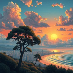a large city, clouds, sun set, near the beach, big trees by mc escher, colorized by... ross