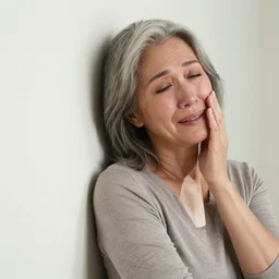 aged beautiful woman leaning against the wall crying softly, portrait photo