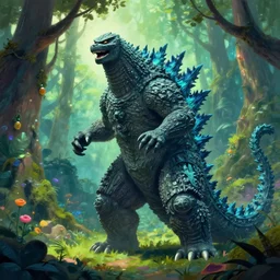 godzilla in an enchanted forest, by thomas kinkade