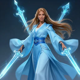 Beautiful 40 years old lady, Illusion master, Sky blue Robes, light brown straight hair, dark brown skin, floating energy swords, high fantasy, trending in artstation, artstationHD, artstationHQ, safebooru