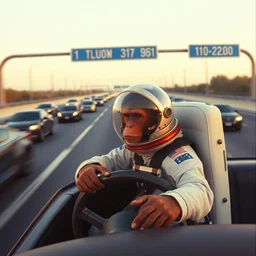 3 5 mm film, an astronaut monkey, driving on a highway full of cars at high speed, photorealistic, movie, 1 2 3 4 c 7