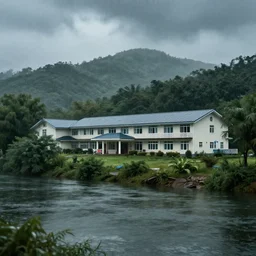 nursing home near the river, forest, hills. rain, horror atmosphere, hyperrealism, 4 k